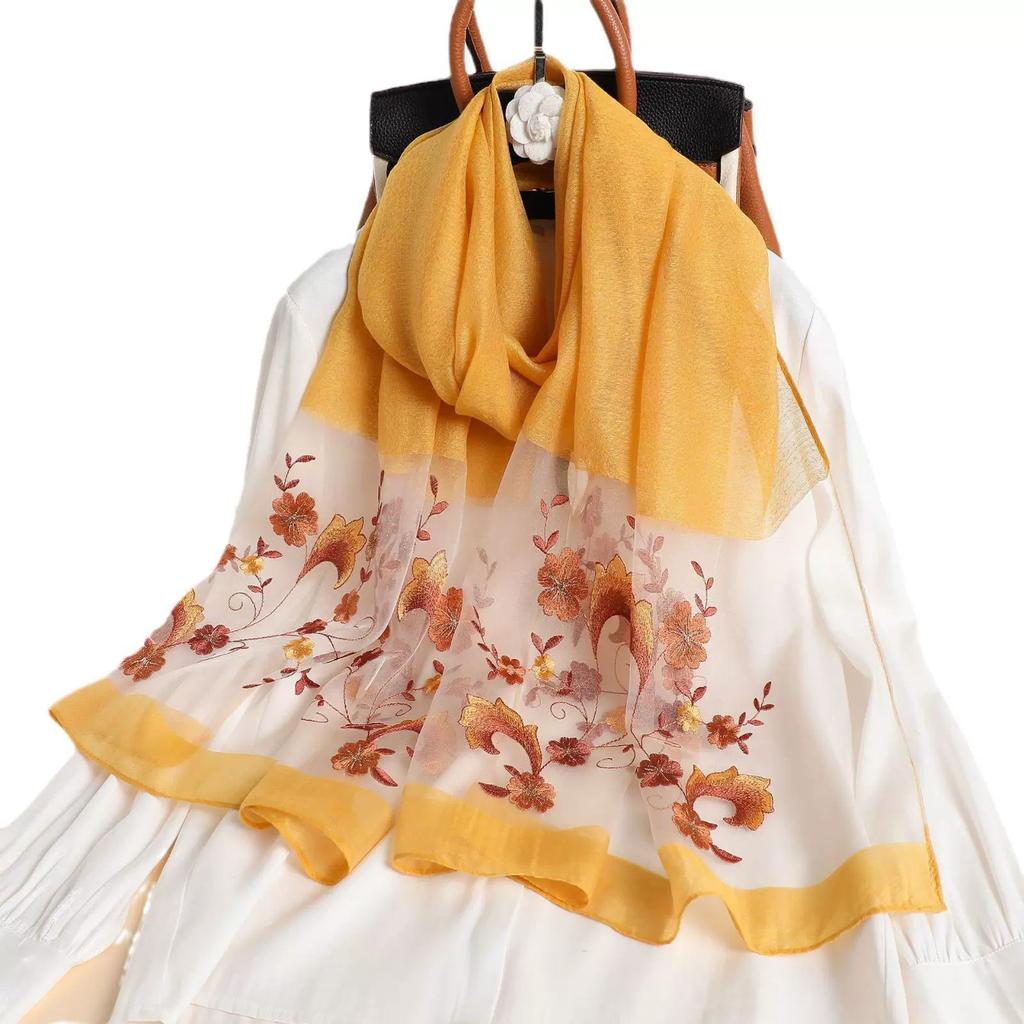 Silk Women Scarf Warm Wool Shawls Lady Wraps Floral Pashmina Embroidery Scarves Foulard Hijab New Long Female Hair Bandana