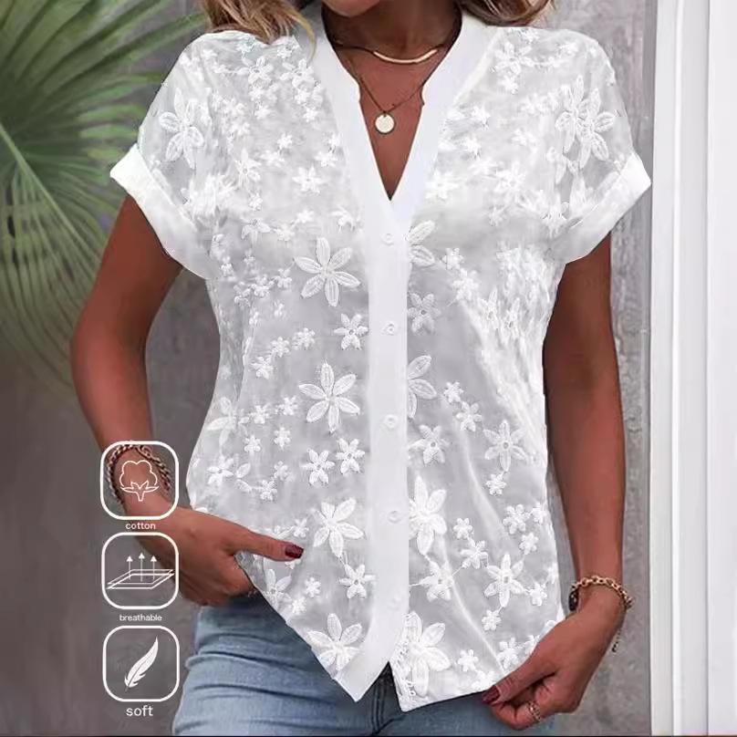 Women's Summer Casual V-Neck Solid Color Blouse