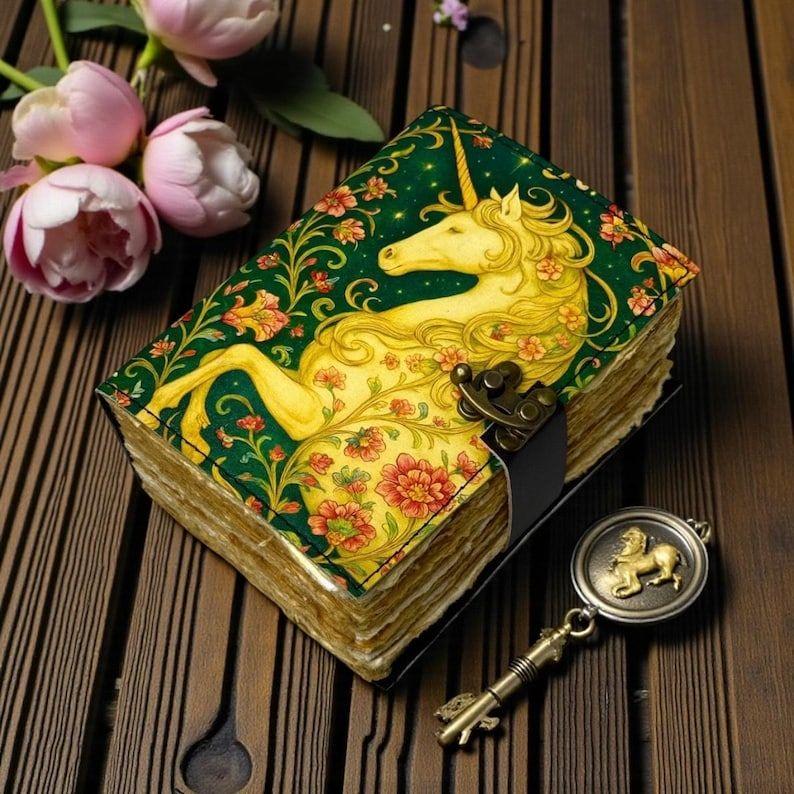 200-pages Unicorn Dreamscape Journal, Green & Gold Floral Leather Diary, Artisan Paper, Gift for Unicorn Lovers