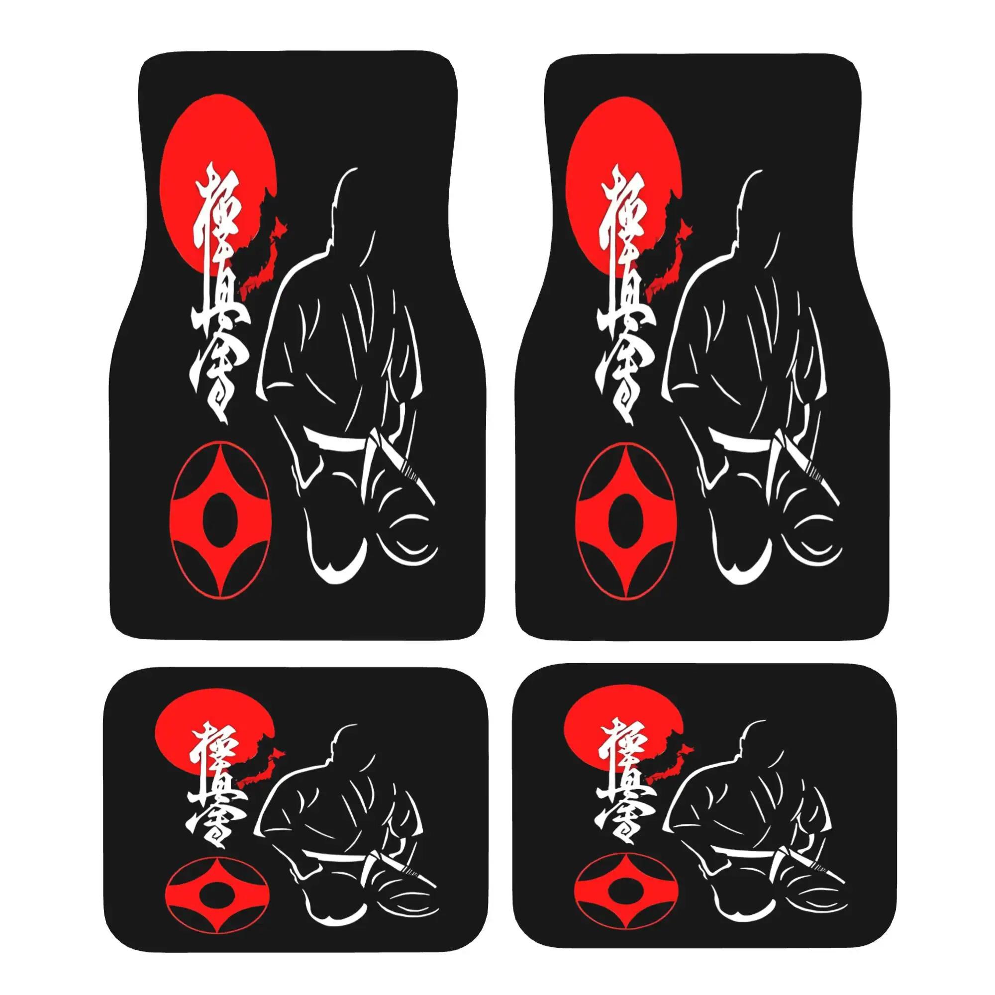 4pcs Kyokushin Karate Mas Oyama Spirit Martial Arts Design Car Floor Mats- Black With Red& White Geometric Patterns, Durable, Fi