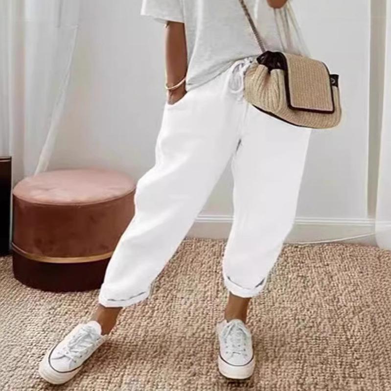 Pantalones casuales de algodón y lino con bolsillos elásticos para mujer, pantalones holgados casuales, ropa de diario, ropa de mujer