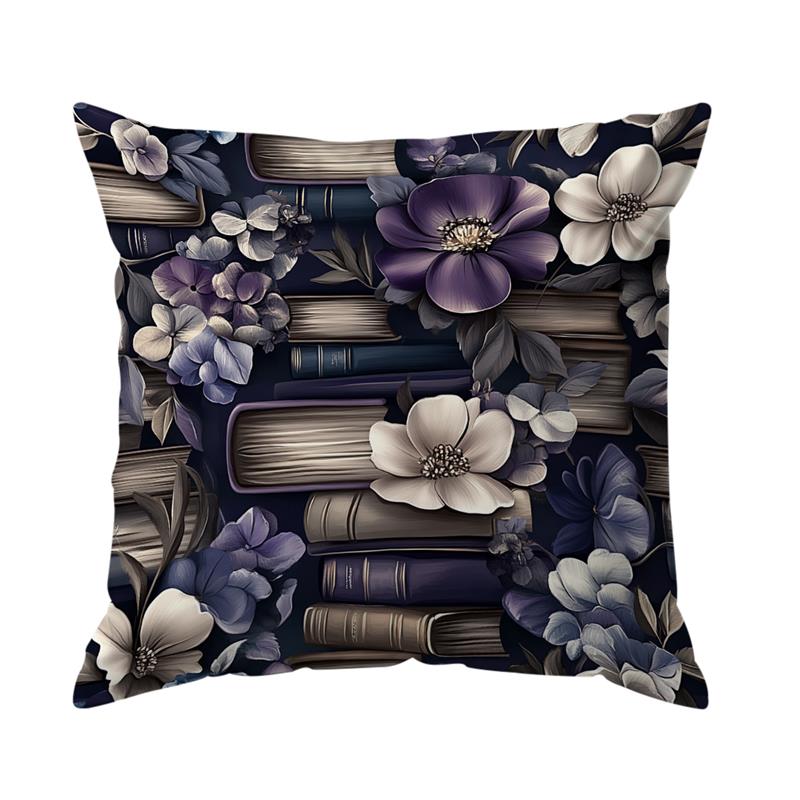 

Pillowcase Printed Pillow Cover 45x45 Square Cushion Cover Home Bed Sofa Pillowslip Decorative Purple Flower Books Design 16x16Inch