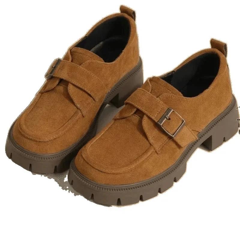 Fashion Women's Height-Increasing Thick-Heeled Shoes British Retro Loafers Commuter Flat Shoes Round Toe Spring Autumn Velvet Cloth Lini