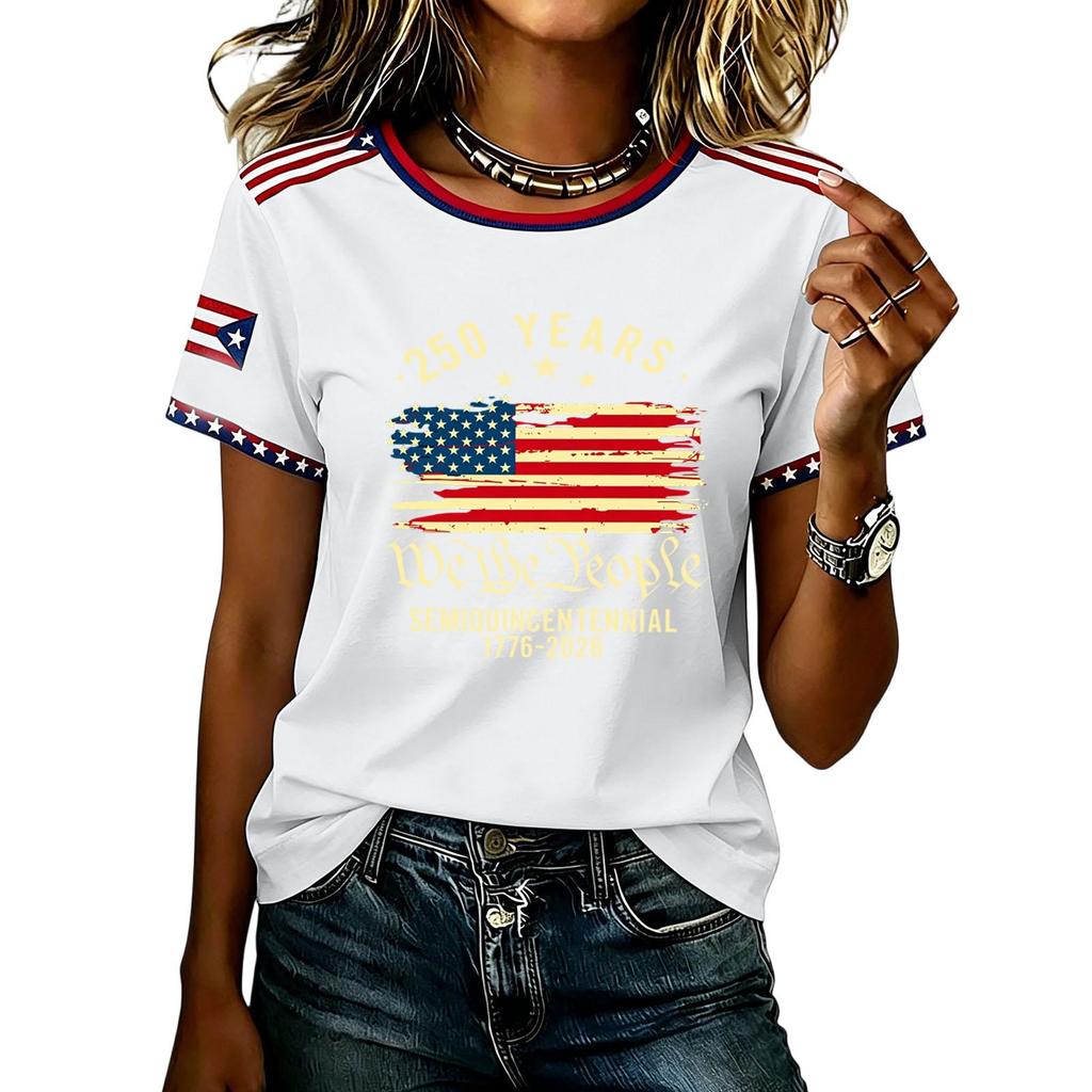 Womens Short Sleeve Crew Neck T Shirt Semiquincentennial 250 Years We the Flag Print Casual Top