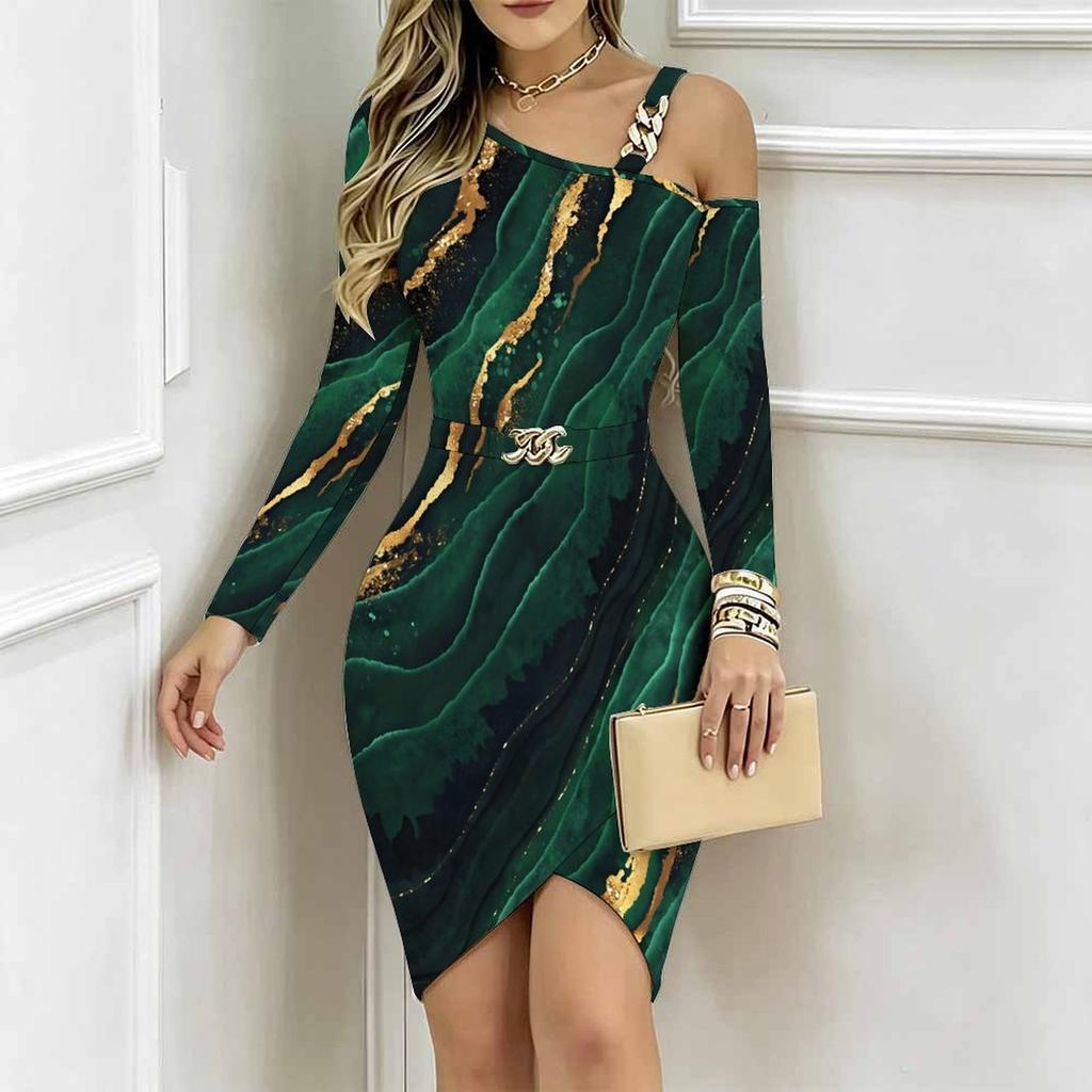 Women Plus Size Asymmetric Cold Shoulder Long Sleeve Dusty Purple Gold Glitter Print Irregular Wrap Bodycon Midi Dress