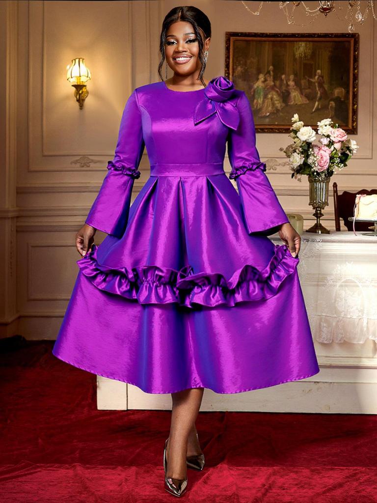 Elegant Plus Size Women's 3D Floral Ruffle Sleeve Dress