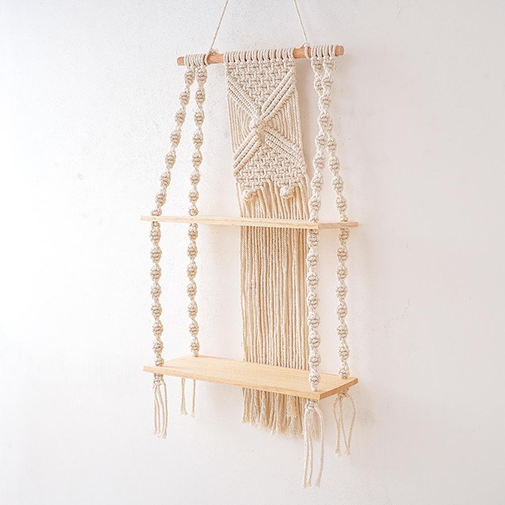 2 Tier Macrame Wall Hanging Floating Shelf Natural Cotton Rope Boho Home Decor Wooden Wall Shelf Candle Holder Floating Shelves