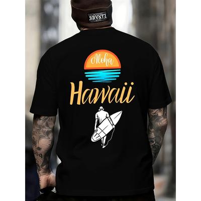 Taglie Europee Maglietta da Uomo - T-Shirt Nera con Stampa Ba Tropical Beach -- Lavabile in Lavatrice Top Casual Streetwear per Surfer e Viaggiatori delle Hawaii