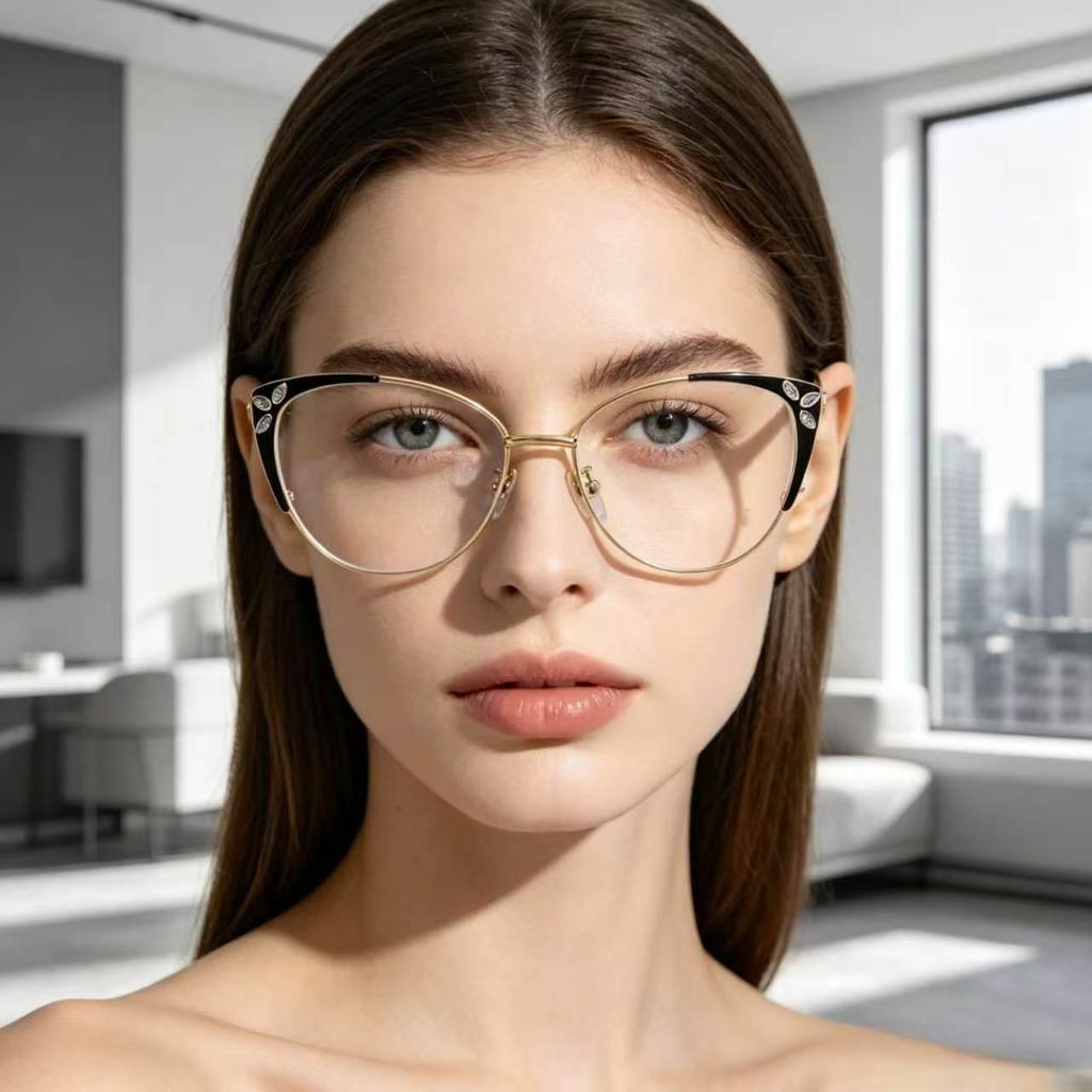 New metal square flat glasses women's European and American cat eye anti-blue light glasses frame fashionable retro high-end glasses