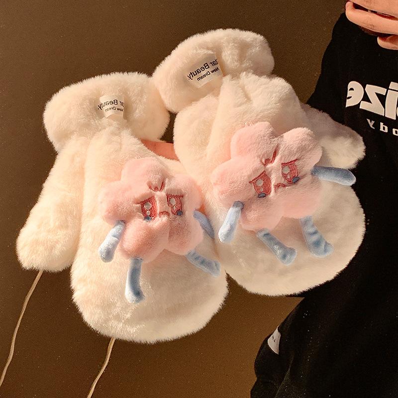 Cute Stars Plush Finger Gloves Women Winter Plush Thickened Warm Cold Furry Cycling Student