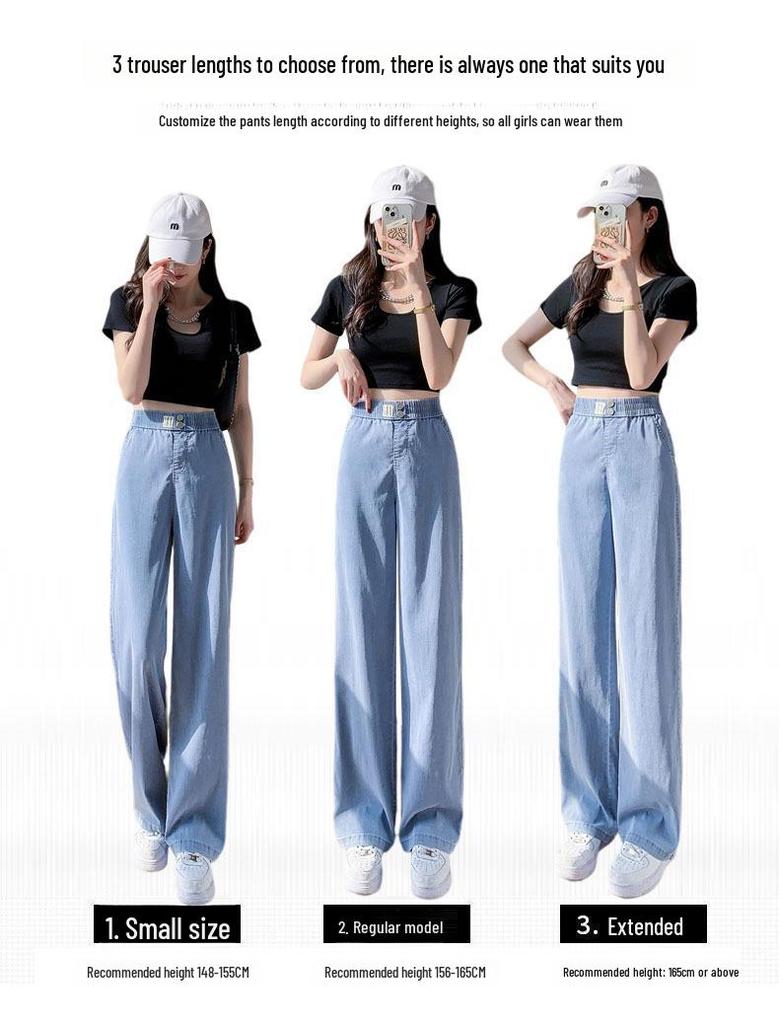 Women's Summer Tencel Wide-Leg Jeans - Lightweight, Elastic Waist, Ice Silk Drape, Loose Fit.