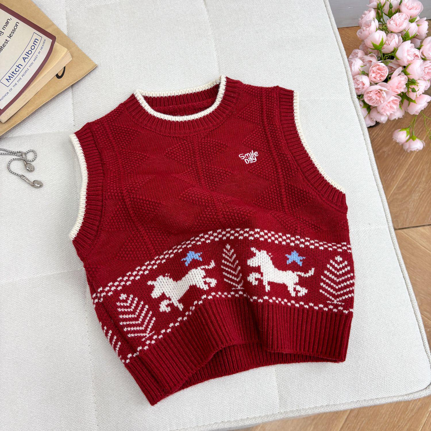 

2025 Autumn/Winter Year of the Horse Fair Isle Children s Sweater Vest 100 cm червоний