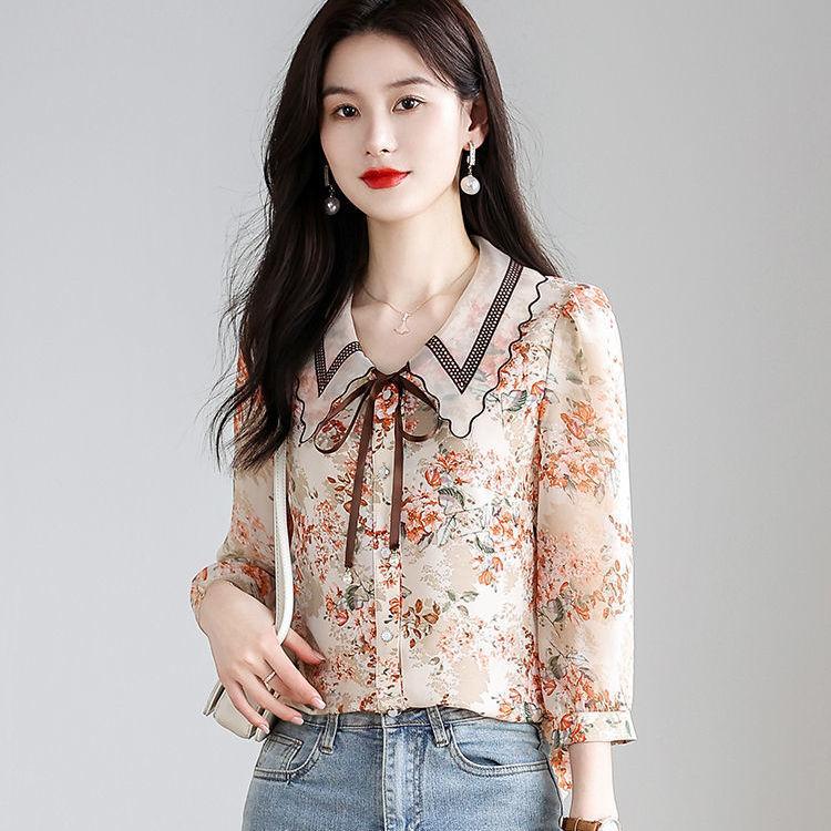 Spring Summer Polo-neck Floral Print Sweet Chiffon Shirt Women Long Sleeve Elegant Fashion Temperament Blouse Lady Buttons Top