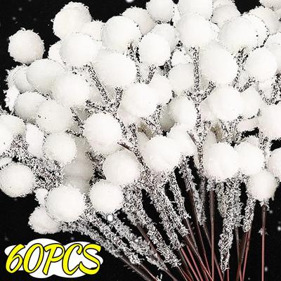 60/5 PIEZAS Tallo de Baya Blanca Artificial Escarchado Bayas de Acebo Navideño Ramas DIY Corona Adorno Árbol de Navidad Boda Decoración del Hogar