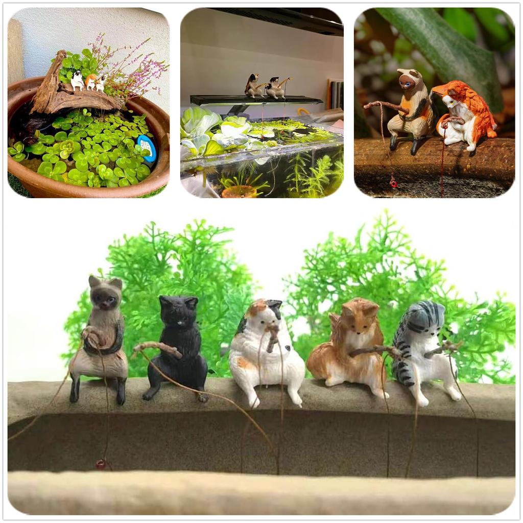 SensaBliss Fishing Cats, Set of 5, Perfect Fishing Day Cat Figurines, Resin AquariumAquarium Accessories, Mini Figurines, Office, Car, and Garden