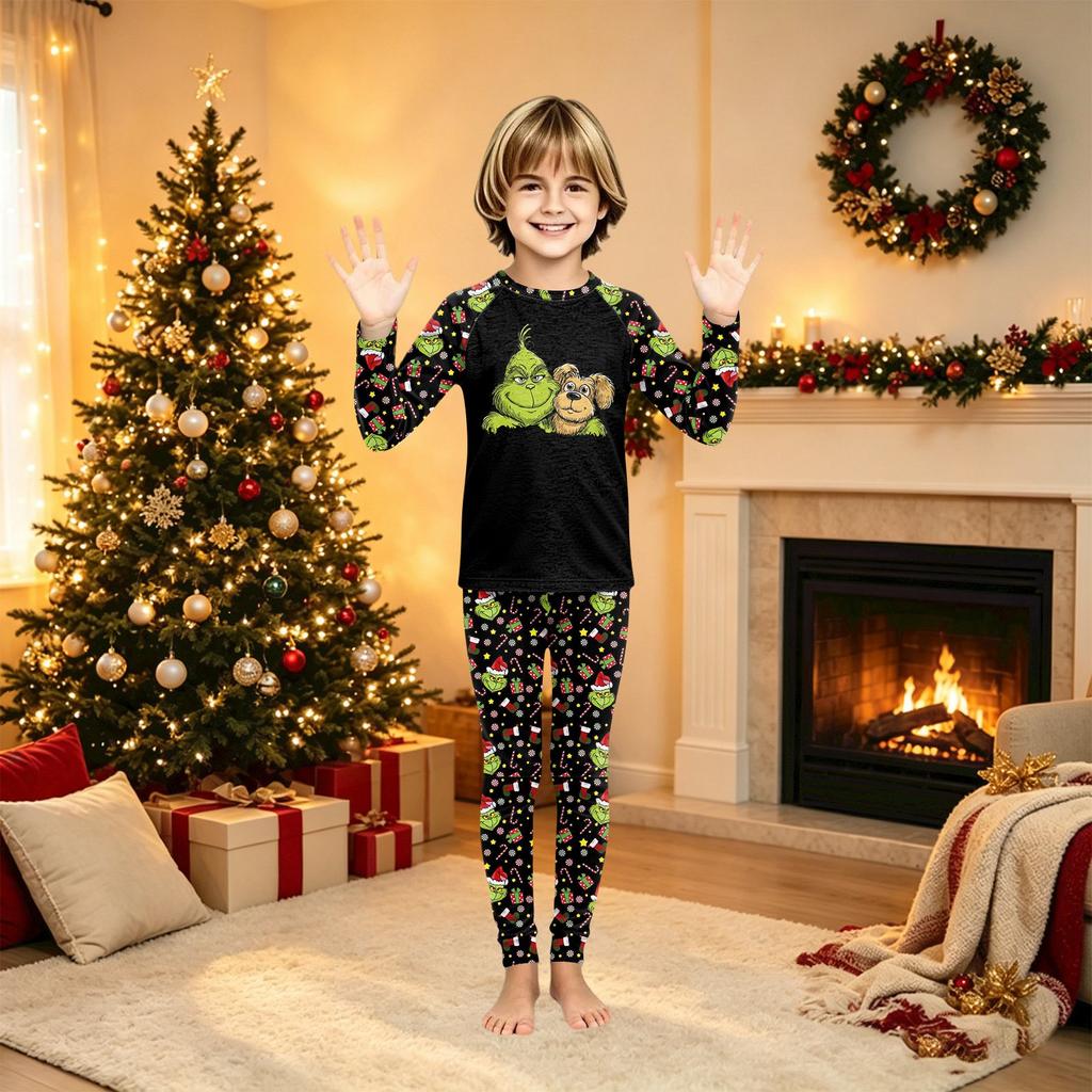 Family Matching Christmas Print Pajama Set Long Sleeve Neck Top and Pants for Kids and Adults