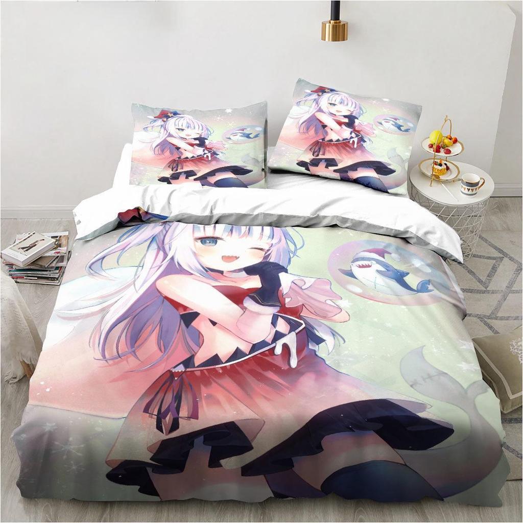 Kawaii Gawr Gura Söt Tjej Min Vinkel Kung Tvilling Dubbel Barnsängkläder Mikrofiber Eller Polyester 3D-tryck Anime Påslakan Set