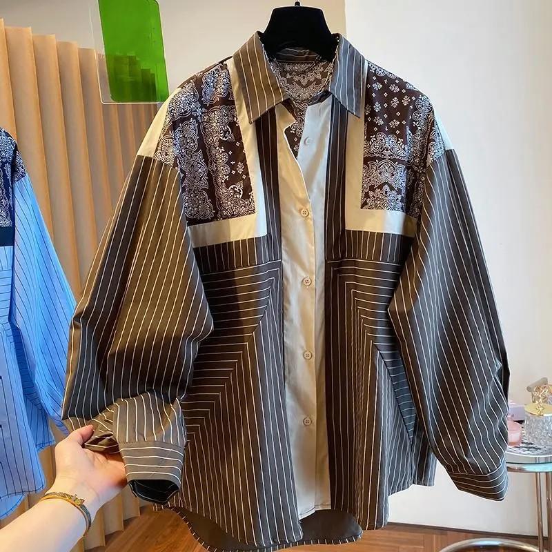 Women Summer Retro Printed Loose Casual Blouses Autumn Long-sleeved Striped Shirt