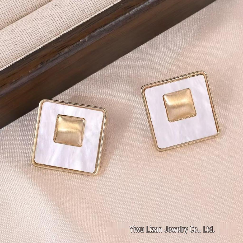 Special Offer: Matte Gold Square Mother-of-Pearl Stud Earrings - European & American Style, Versatile Geometric Design for Women