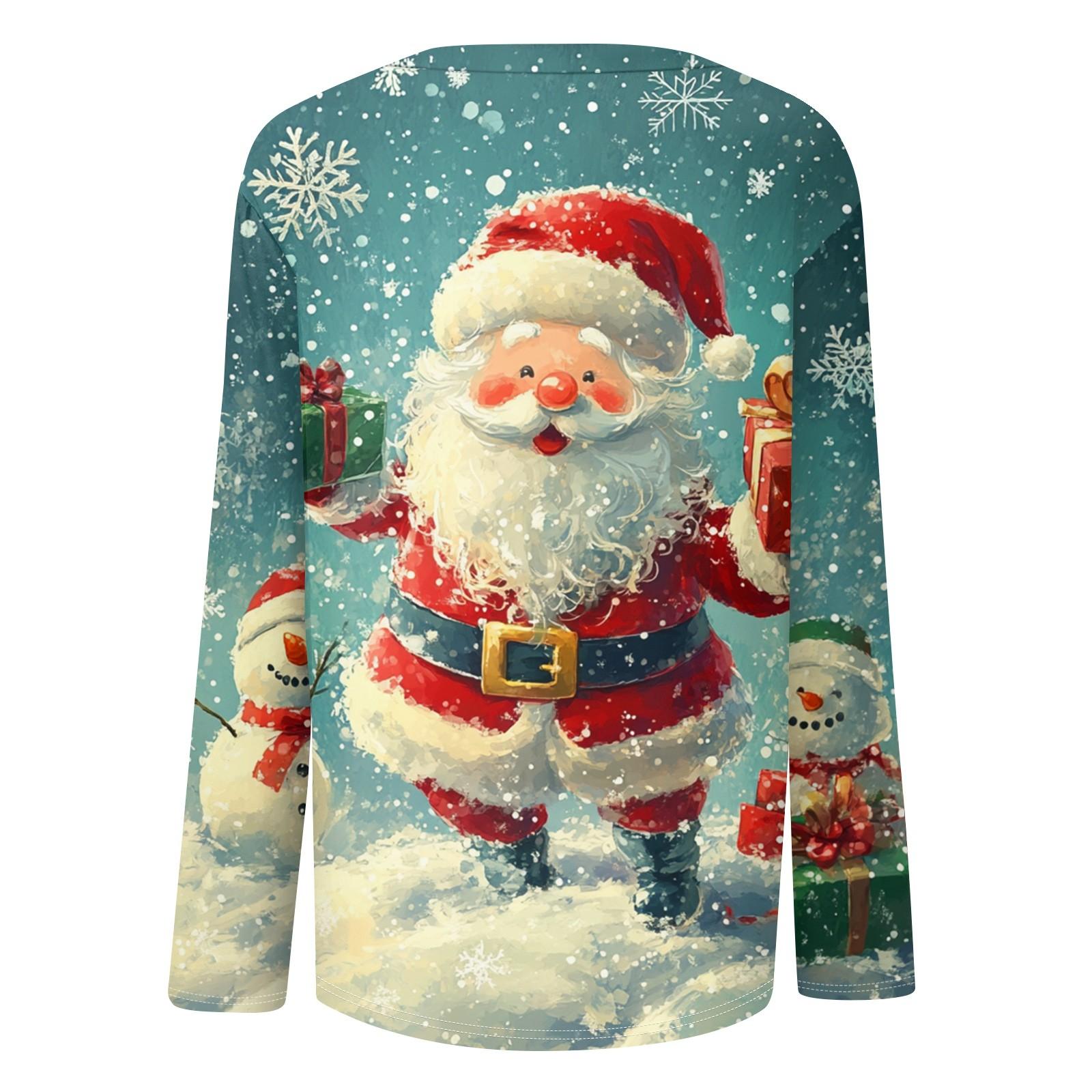 Женская мода круглый вырез пуловер с глубокими рукавами футболка с рождественским принтом — фото 5