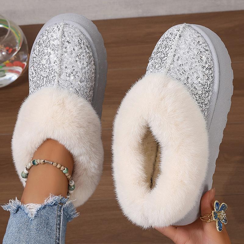 fashion Shiny Sequins Fluffy Plush Snow Boots Women's Warm Padded Slip On Short Boots Trendy Gold Thick Platform Faux Fur Boots