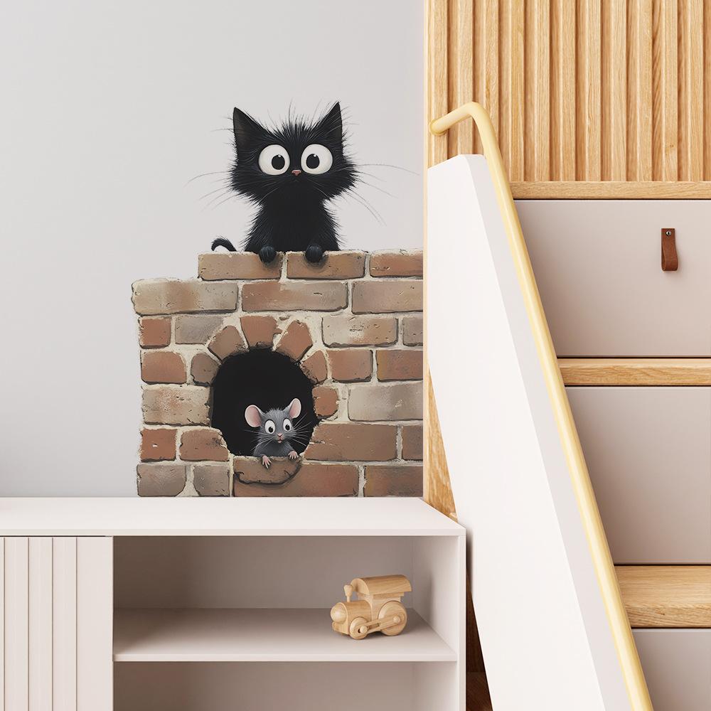 Çizgi Film Siyah Kedi Fare Yatak Odası Çalışma Odası Kapı Ev Duvar Arka Plan Güzelleştirme Dekorasyon Duvar Çıkartmaları