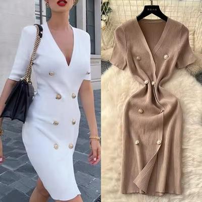 Örgü Bodycon OL Elbise Kadın V Yaka Düğmeli Kısa Kollu Şık Elbise Fransız Zarif Moda Yırtmaçlı Midi Güneşlik Elbise