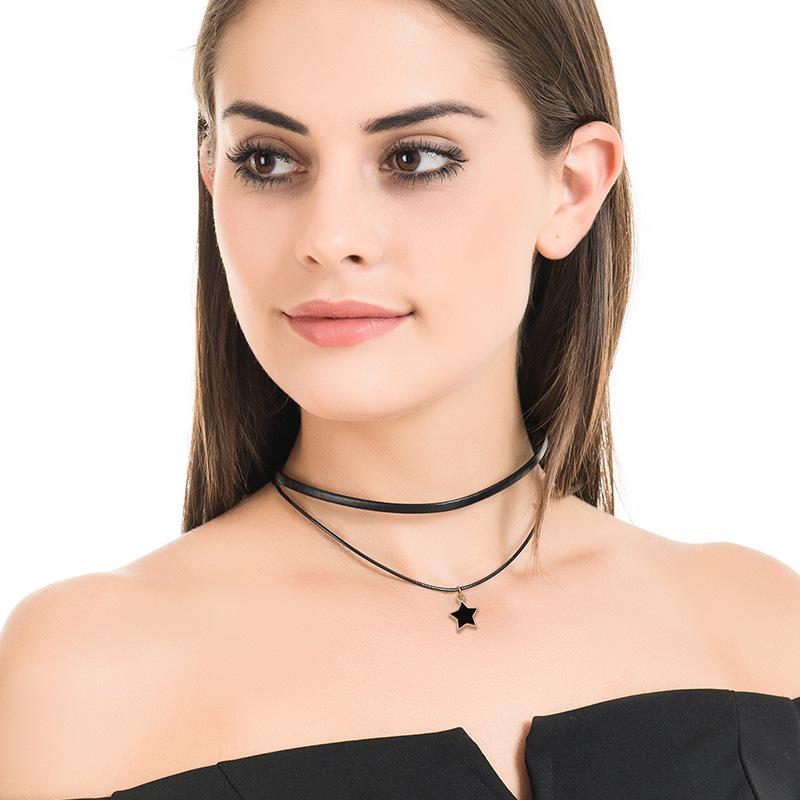Japanese-Style Harajuku Pentagram Choker - Women's Double-Layer Black Leather Clavicle Chain Necklace