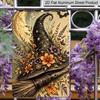 2D Flat, 1pc Halloween Decorative Sign & Plaque, Vintage Floral Witch Hat & Broom Aluminum Sign, Spooky Fun Decor, Halloween Artwork Wall Decor