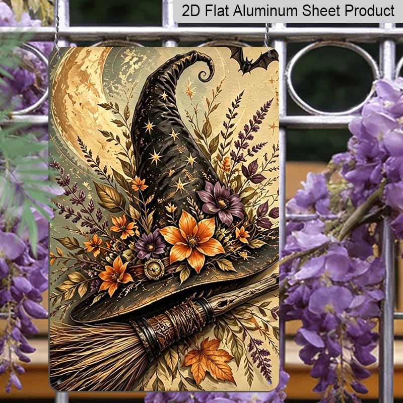 2D Flat, 1pc Halloween Decorative Sign & Plaque, Vintage Floral Witch Hat & Broom Aluminum Sign, Spooky Fun Decor, Halloween Artwork Wall Decor