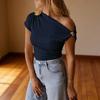 Women T-shirt Soft Stretchy Regular Fit Sloping Shoulder Short Sleeve Pullover Tops with Metal Design Party Vacation Casual Wear