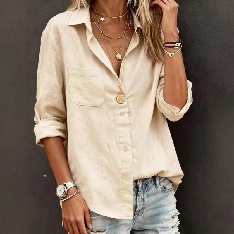 Women's Linen Button-Down Shirt Casual Oversized Lapel Blouse with Chest Pocket