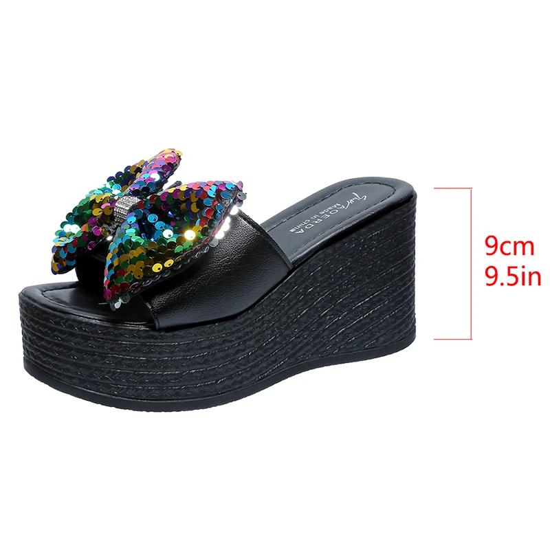 Fashion Women Colorful Sequins Platform Slippers Fashion 2025 Wedge Open Toe Black Sandal Ladies New Plus Size Thick Bottom Slides Mujer