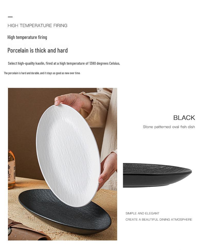 Oval Ceramic Fish Plate with Rock Texture - Stylish New Design for Dining and Serving Steamed Fish or Vegetables.