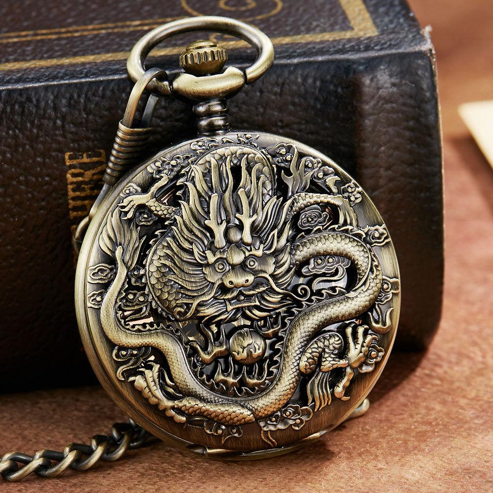 New Trans Bronze Quartz Pocket Watch Vintage Domineering Dragon Pattern Large Pocket Watch