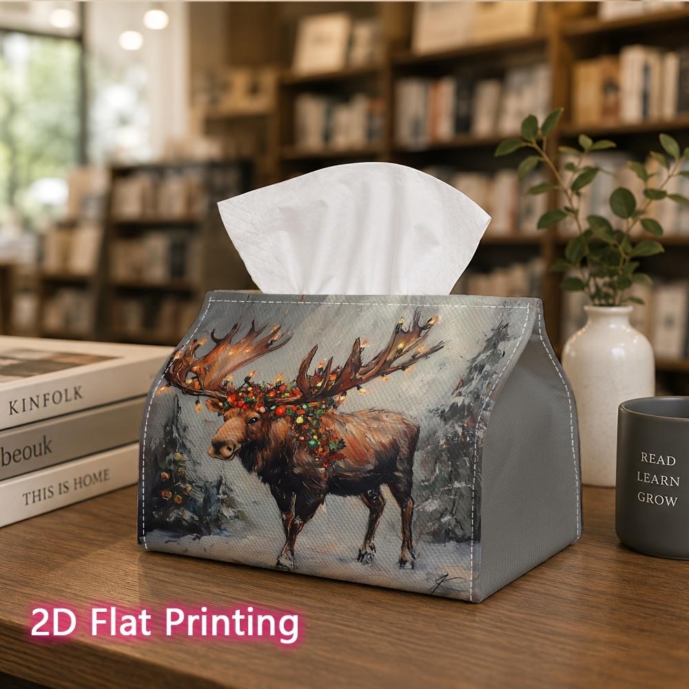 1pc, 2D Flat Printing, Tissue Box Christmas Moose Pattern with Lights And Objects Printed Tissue Box, Suitable for Napkin Storage In Cars, Kitchens, A