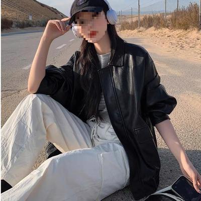 Women's Retro Brown Short Leather Jacket - 2026 Korean Style, Loose Fit, Cool Motorcycle Design for Spring/Autumn