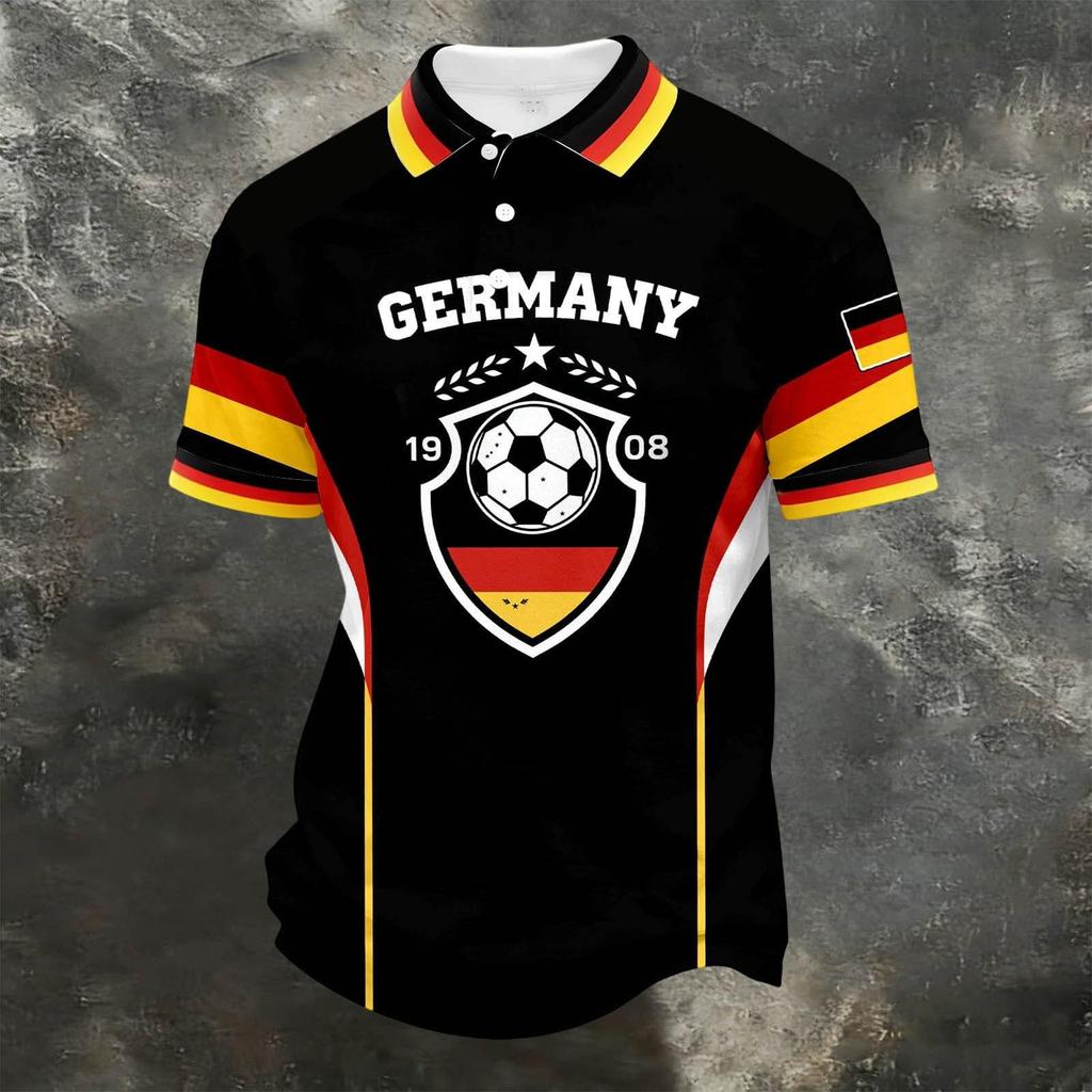 Unisex Casual Loose Fit Short Sleeve Polo Shirt with Germany Inspired Graphic Print and Button Collar for Everyday Wear