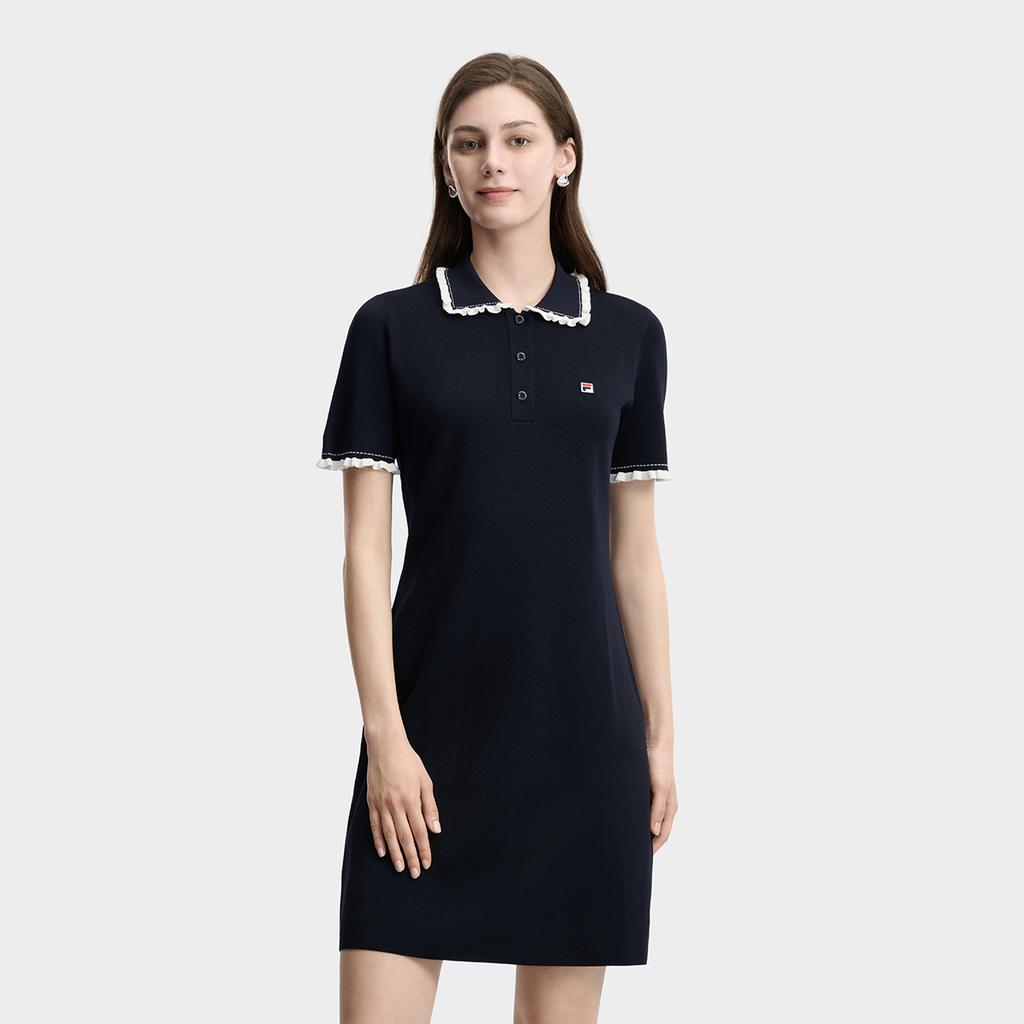 Fila Tennis Lace Woven Classic Simple Retro Sports Fashion Casual Elegant Relaxed Versatile Comfortable Polo Collar Short Sleeve Dress A11W623335FNV