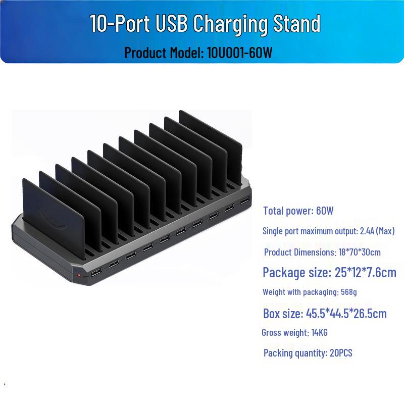 

Multi-port 10-Port USB Charger: Fast Charging Station with Integrated Stand CN/US Plug + Standard 1.5M Power Cable