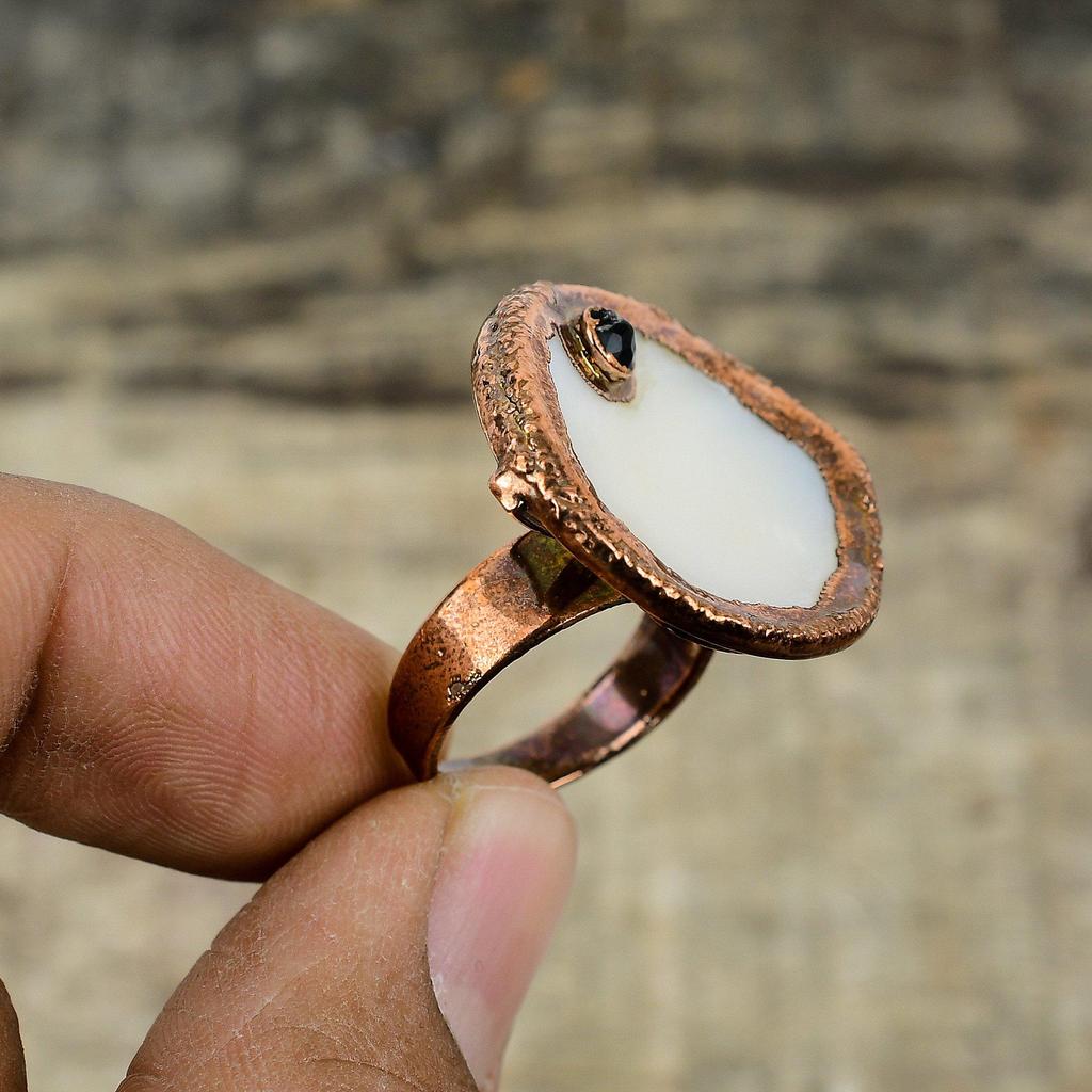 Mother Of Pearl Ring Electroformed Copper Jewelry Black Onyx Ring Adjustable Rings Gemstone Jewelry Electroformed Copper Ring Handmade Ring