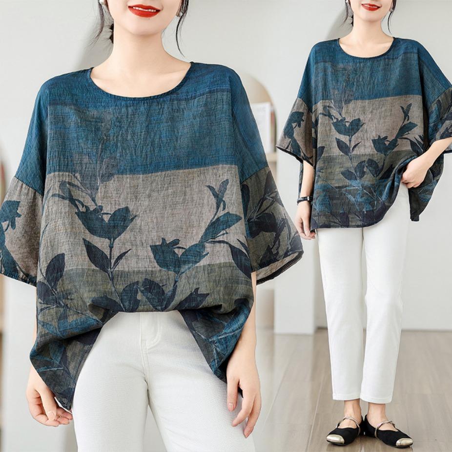 Summer Hemp Cotton Blouse EthnicStyle Bat Sleeve Loose Oversized Round Neck T-shirt Casual Comfortable for Women