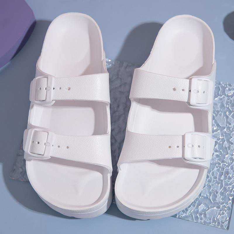 

2021 лето большой размер 2020 новый однословный двойная пряжка нескользящая мягкая подошва мужские и женские крутые тапочки белая пляжная обувь 35 белый