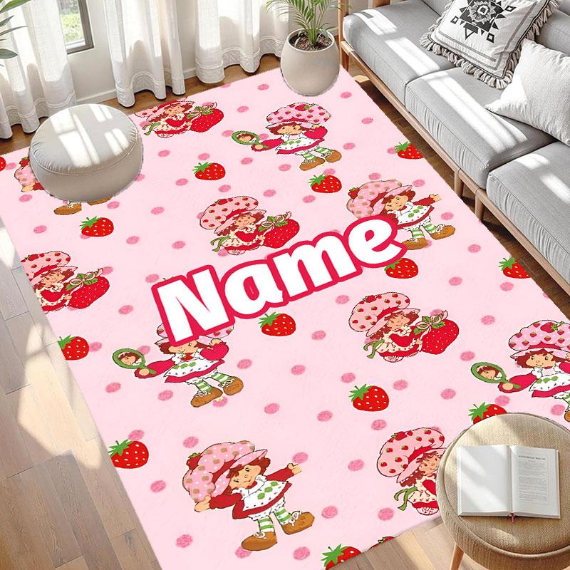 Custom Name Personalized Strawberry Shortcake Print Carpet, Versatile Home Decor Rug, for Playroom, Apartment, Balcony, Entryway, Hallway Gift