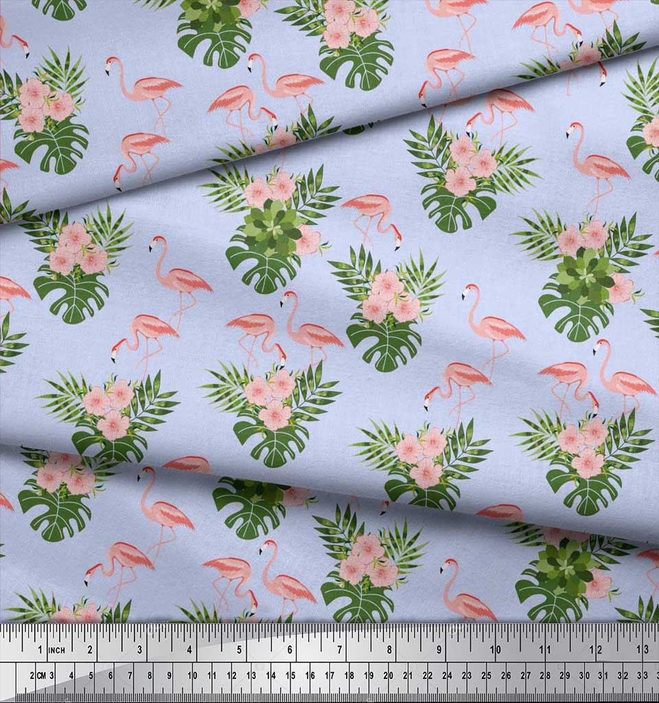 Soimoi Japan Crepe Satin Fabric Tropical Leaves,Floral & Flamingo Bird Print Fabric by the metre 42 Inch