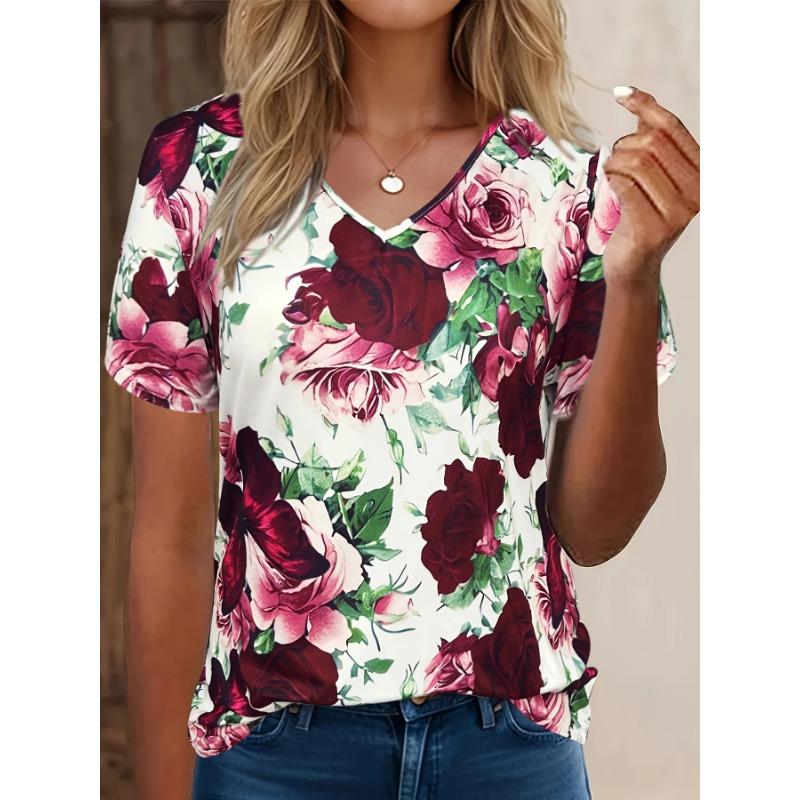 Summer V-neck 3D Flower Printed Top Fashionable Casual Elegant Short Sleeved Women's T-shirts