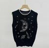 Summer Fashion Hollow Out Sweater Vest Sleeveless Moon Embroidery Knitted Top Women O-Neck Slim Black White Vest B-059