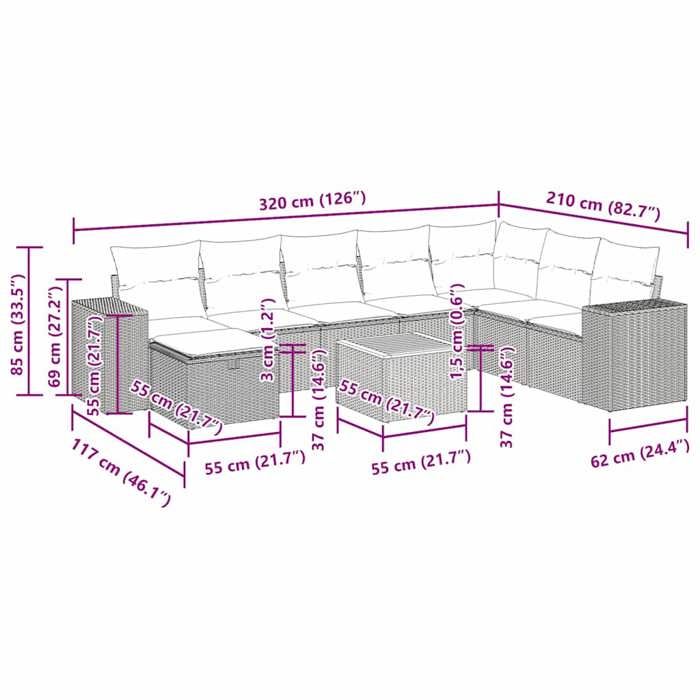 VidaXL Salon de jardin 9 pcs avec coussins noir résine tressée, ensemble de canapés d'extérieur, ensemble de canapé d'angle 3325885