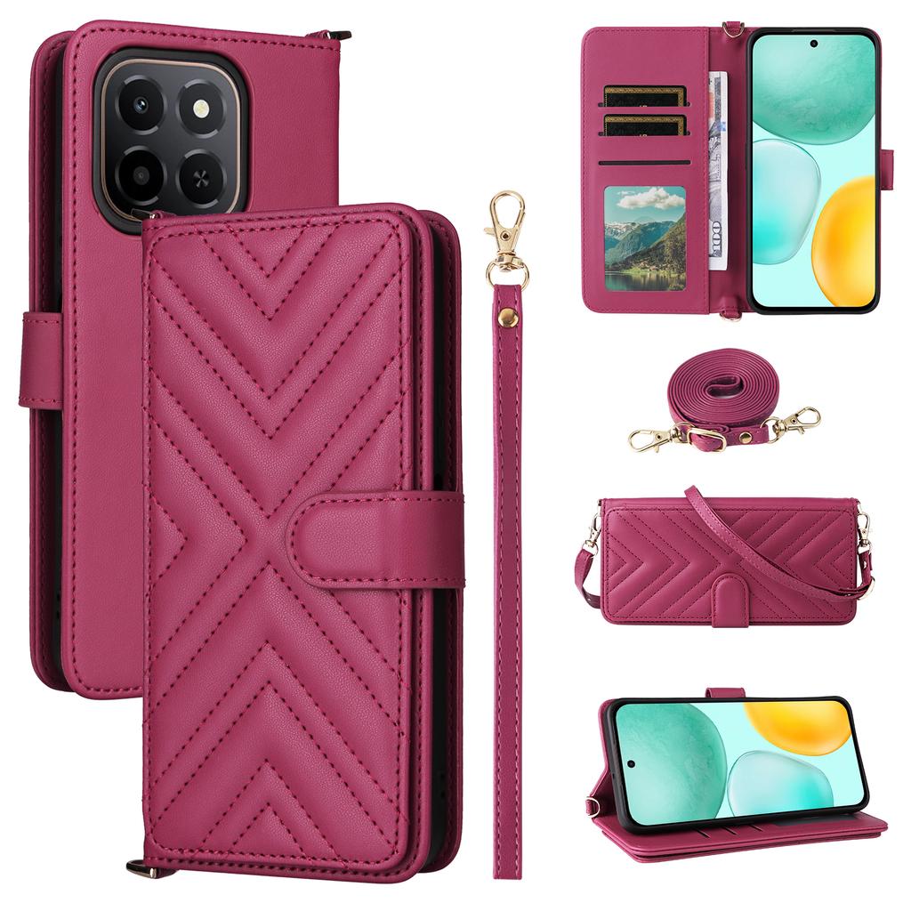 For Honor X6c 4G Case with Shoulder/Wrist Strap Leather Phone Cover Stand Wallet
