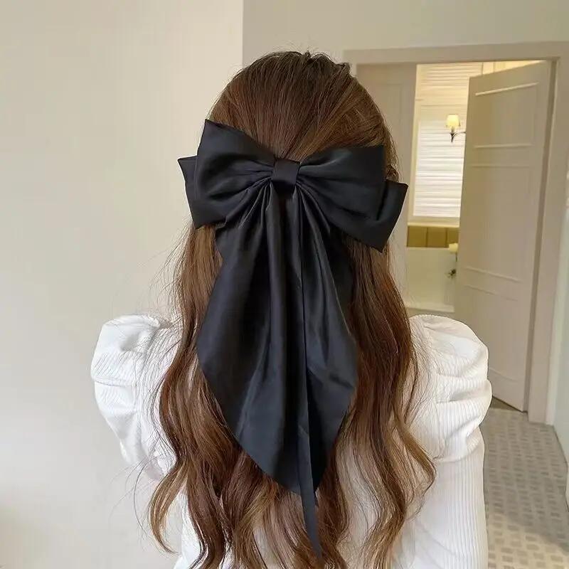 Solid Bow Ribbon Hair Clips Women Elegant Bowknot Satin Hairpins Barrettes Girls Ponytail Clip Wedding Bridal Accessories